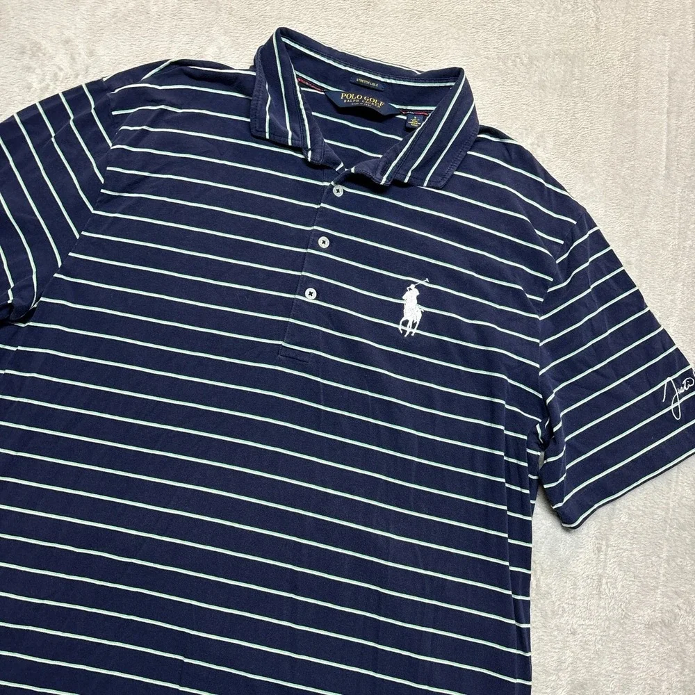 Ralph Lauren Polo Golf Shirt Mens L‎ Justin Thomas Big Pony AJGA Striped Blue
